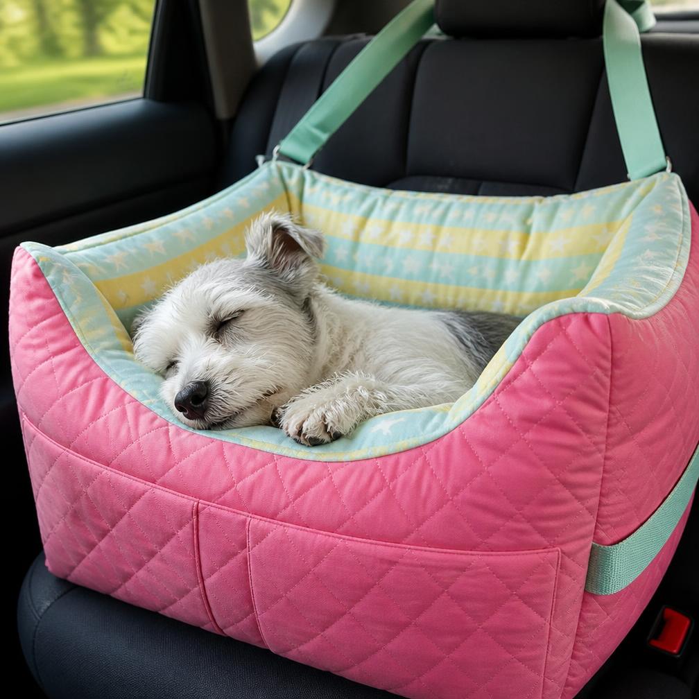 Perro pequeño durmiendo tranquilo dentro del asiento de seguridad para mascotas